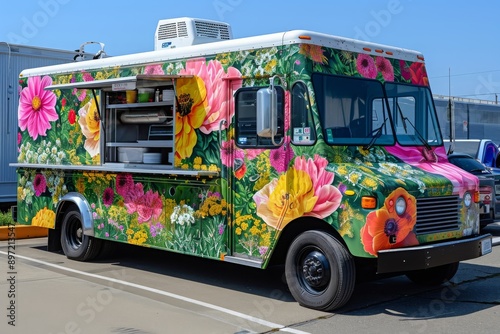 A vibrant food truck with various colors is parked in a busy parking lot, offering delicious food to customers, Food truck with a floral design theme, AI Generated