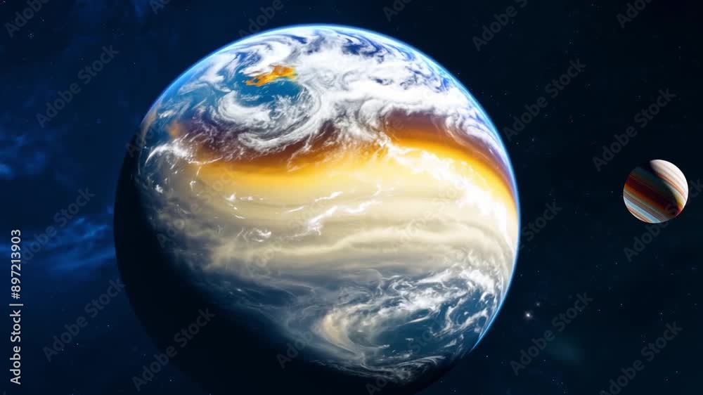 Earth and Jupiter are seen in a distant view, against a dark background speckled with stars. Earth and Jupiter are seen in a distant view, against a dark background speckled with stars.