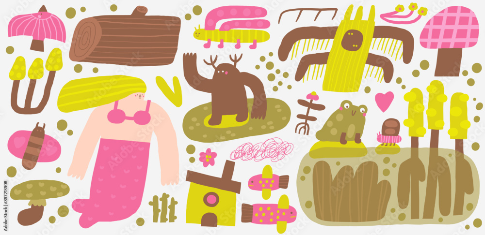 Cute swamp funny hand drawn doodle plants set with flowers, trees, mermaid, dry tree, mushroom, monster, frog, log. Cartoon style nature elements set. Marsh, wetland, backwater decorative collection Cute swamp funny hand drawn doodle plants set with flowers, trees, mermaid, dry tree, mushroom, monster, frog, log. Cartoon style nature elements set. Marsh, wetland, backwater decorative collection