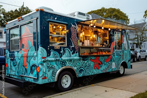A food truck is parked on the side of the road, serving customers with a variety of delicious meals and snacks, Food truck with a nautical theme in a coastal town, AI Generated