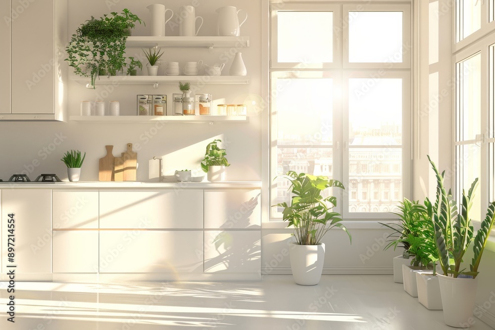 Kitchen interior with a large window. Kitchen interior with a large window.