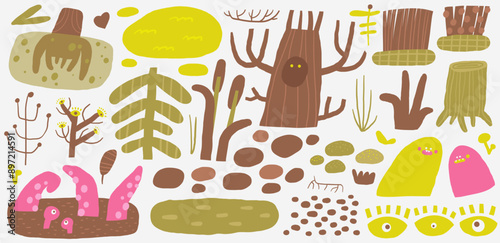 Cute swamp funny hand drawn doodle plants set with ghost, monster, toad, dry tree, reed, plants. Cartoon style nature elements set. Marsh, wetland, backwater, pond, lake decorative collection