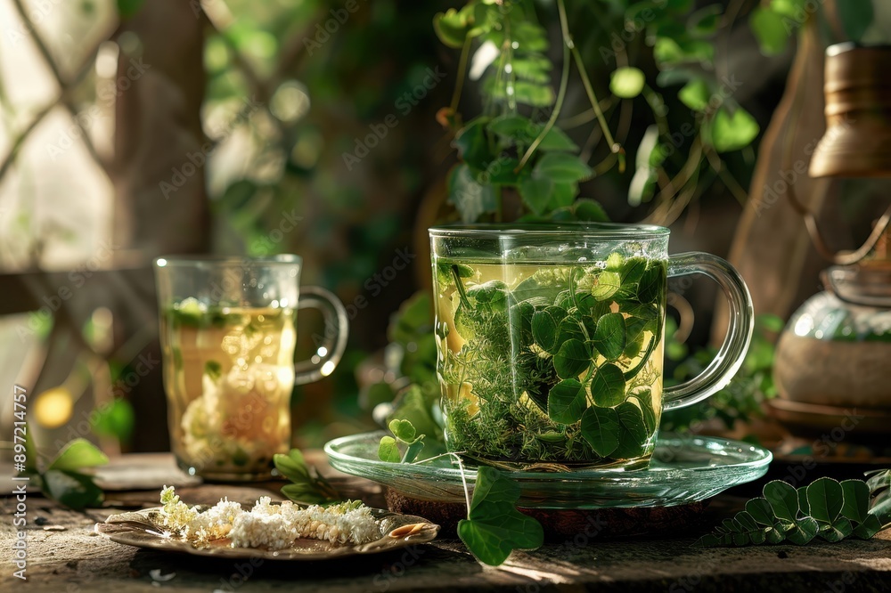 A glass of herbal tea with fresh green leaves, a teacup, and blooming flowers on a wooden table A glass of herbal tea with fresh green leaves, a teacup, and blooming flowers on a wooden table
