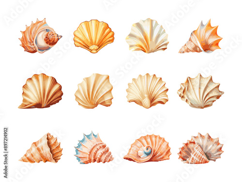 set cartoon sea shells on white background