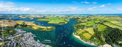 Panorama of Salcombe and Mill Bay over Kingsbridge Estuary from a drone, Batson Creek, Southpool Creek, Devon, England, Europe