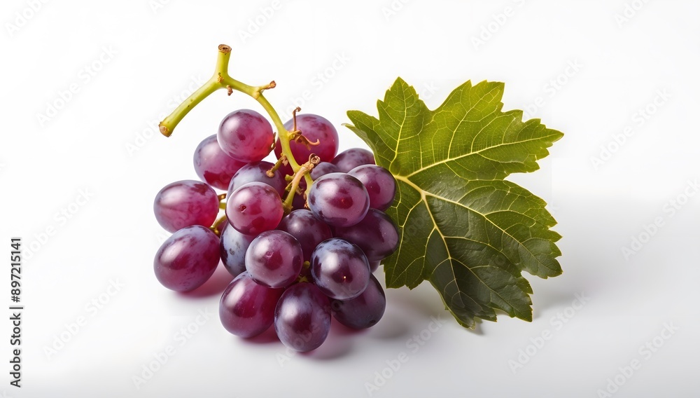 Fototapeta premium A bunch of purple grapes with leaves, on a white background, the grapes are plump and juicy, and the leaves are green and bright.