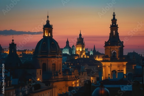 ancient city skyline at twilight illuminated spires and domes silhouetted against warm sky narrow winding streets and historic architecture evoke timeless charm