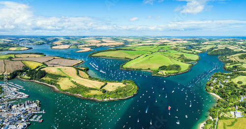 Salcombe and Mill Bay over Kingsbridge Estuary from a drone, Batson Creek, Southpool Creek, Devon, England, Europe photo