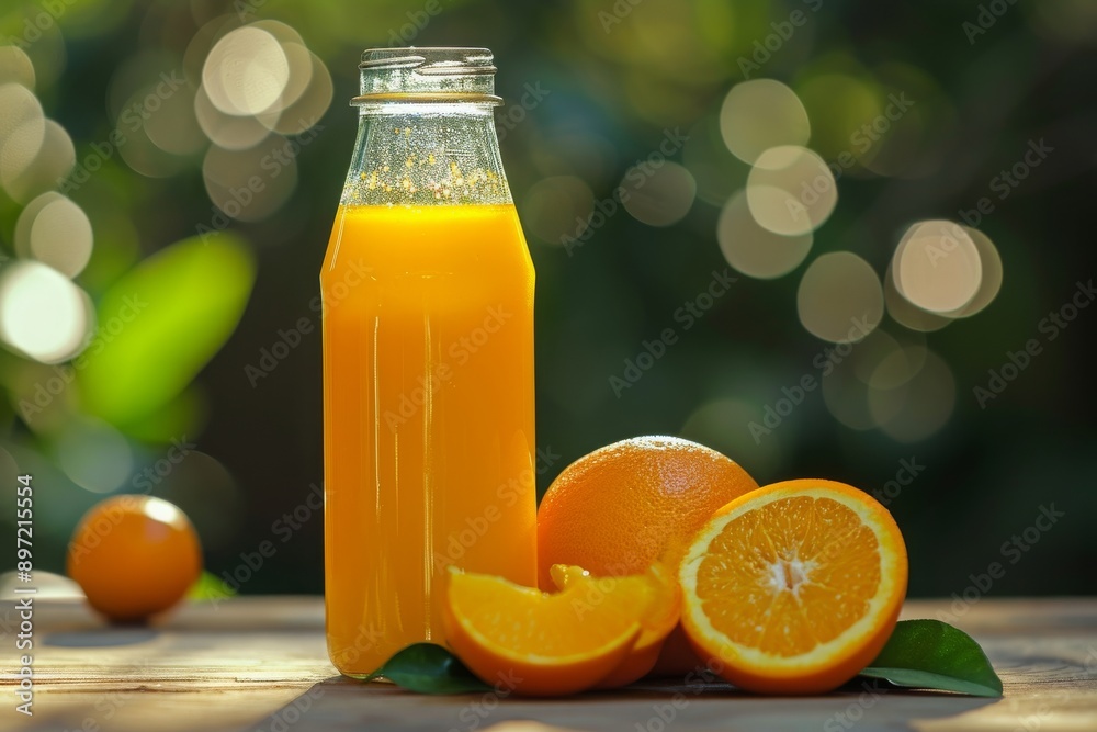 Naklejka premium A bottle of orange juice is positioned next to a group of fresh oranges on a tabletop, Freshly squeezed orange juice in a reusable glass bottle, AI Generated