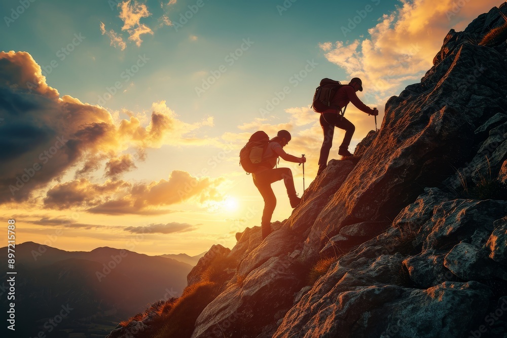 Two individuals are energetically ascending the steep incline of a rugged mountain, Friendship enduring a steep climb as hiker helps friend reach the top, AI Generated Two individuals are energetically ascending the steep incline of a rugged mountain, Friendship enduring a steep climb as hiker helps friend reach the top, AI Generated