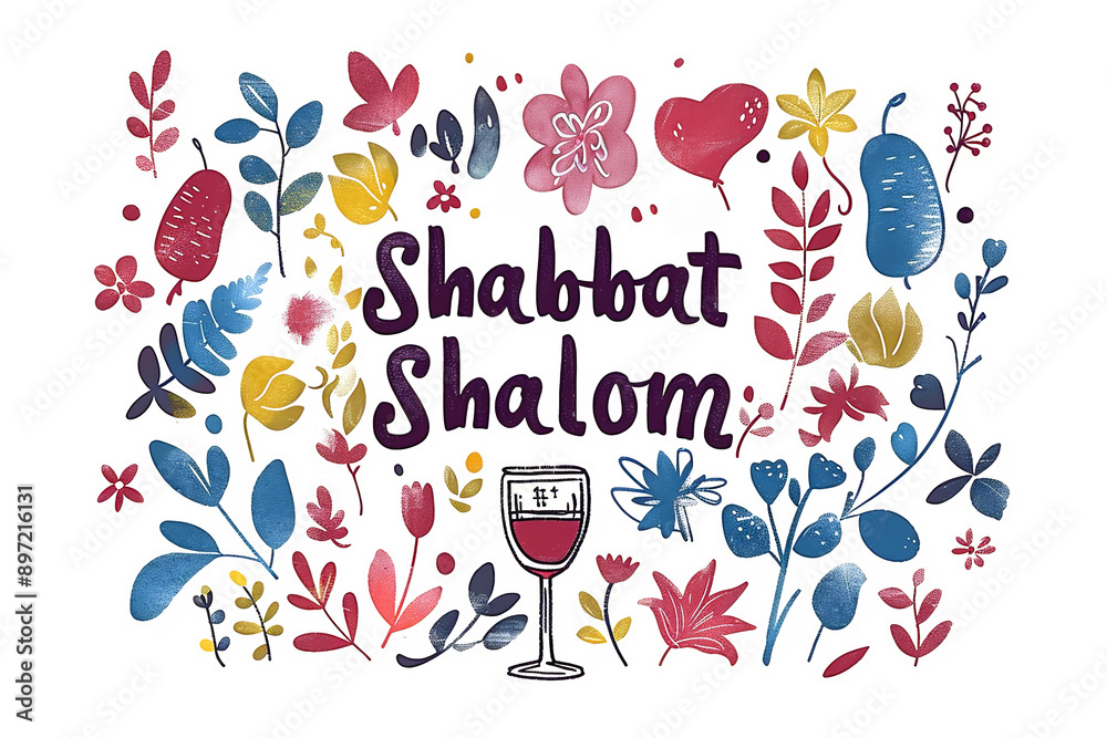 Shabbat Shalom or Shabbat of peace in Hebrew. Hand written text on colorful floral background. Hand lettering typography for greeting card, banner, decoration, poster. Shabbat Shalom or Shabbat of peace in Hebrew. Hand written text on colorful floral background. Hand lettering typography for greeting card, banner, decoration, poster.