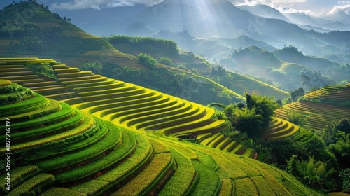 The lush landscape and terraced fields of Sapa, Vietnam.