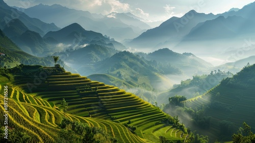 The lush landscape and terraced fields of Sapa, Vietnam, with misty mountains in the background.