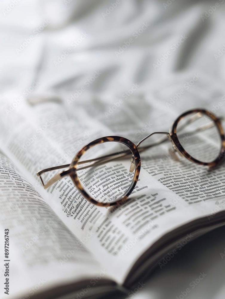 Brown-framed eyeglasses lie on an open book, with a blurry white background. Generative AI Brown-framed eyeglasses lie on an open book, with a blurry white background. Generative AI