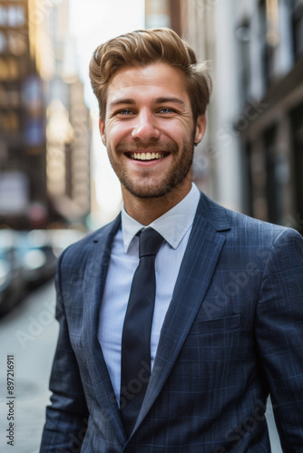 A young man in a business suit smiling, standing against a cityscape background © Владимир Солдатов