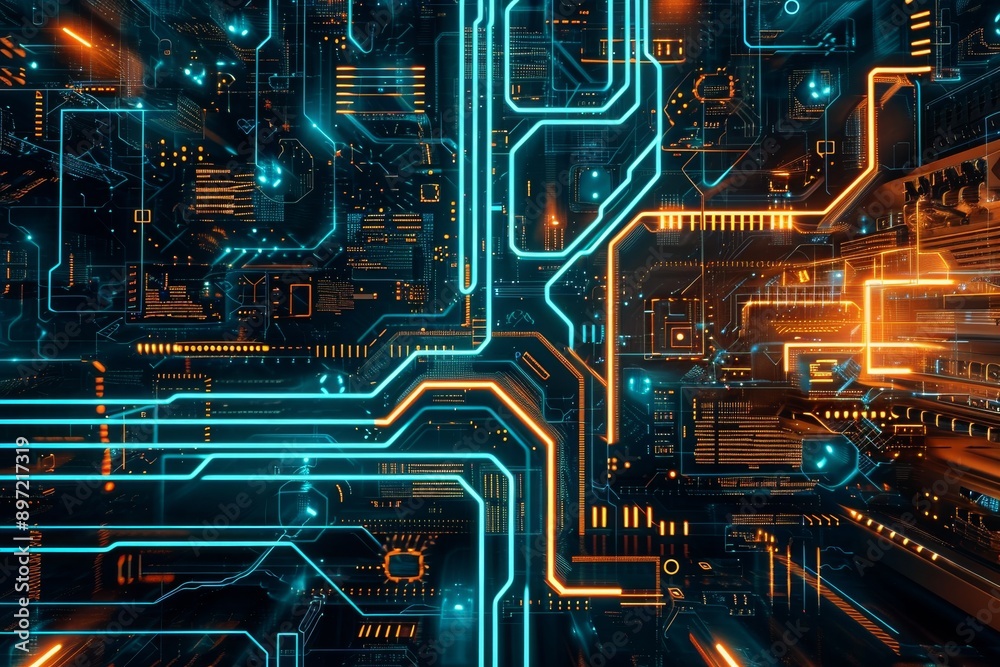 A computer circuit board with neon lights glowing brightly in various colors, showcasing the intricate wiring and electronic components, Futuristic abstract circuit board design, AI Generated A computer circuit board with neon lights glowing brightly in various colors, showcasing the intricate wiring and electronic components, Futuristic abstract circuit board design, AI Generated