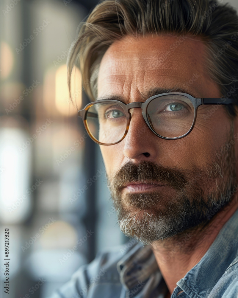 A serious middle-aged man with a beard and glasses in a blue shirt looking into the distance A serious middle-aged man with a beard and glasses in a blue shirt looking into the distance