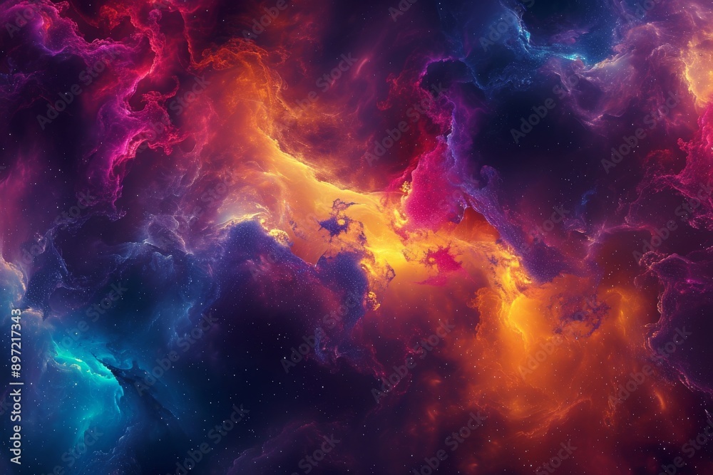 A vibrant and engaging image showcasing a multicolored background adorned with fluffy clouds and twinkling stars, Futuristic abstract galaxy with vibrant colors, AI Generated A vibrant and engaging image showcasing a multicolored background adorned with fluffy clouds and twinkling stars, Futuristic abstract galaxy with vibrant colors, AI Generated