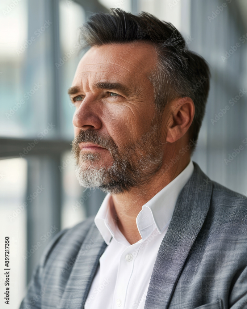 A mature man with a beard in a gray suit and white shirt looking into the distance with a serious expression A mature man with a beard in a gray suit and white shirt looking into the distance with a serious expression