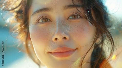 Close Up Portrait of a Young Woman With Brown Eyes and Freckles, Looking Up and Smiling in the Sunlight © zainab