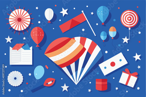 Independence Day poster, banner, foil balloon flyer, paper fan, and confetti for July 4. American flag colors. Minimalism flat lay design.