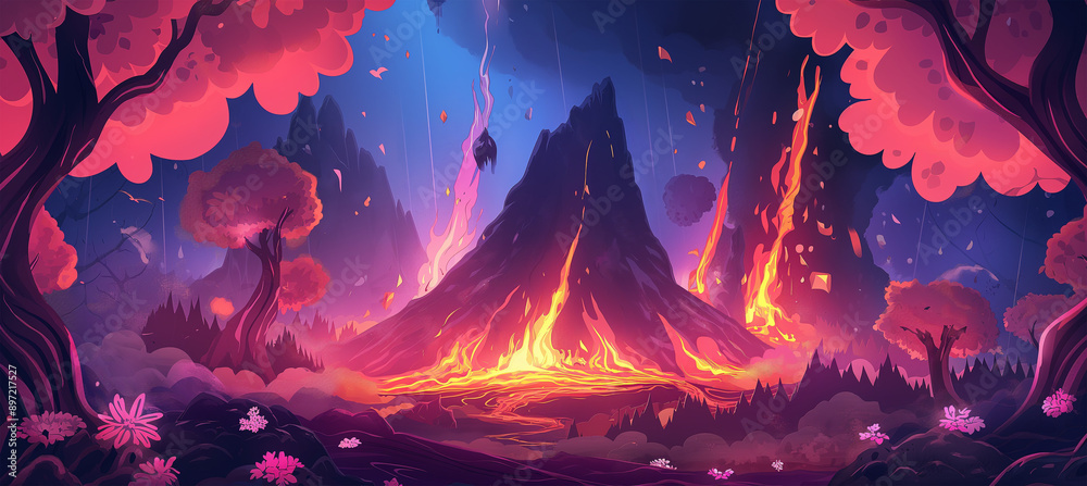 Obraz premium The Volcano lava burst cartoon hell exploding with tree and pink flower, game baclground, Illustration