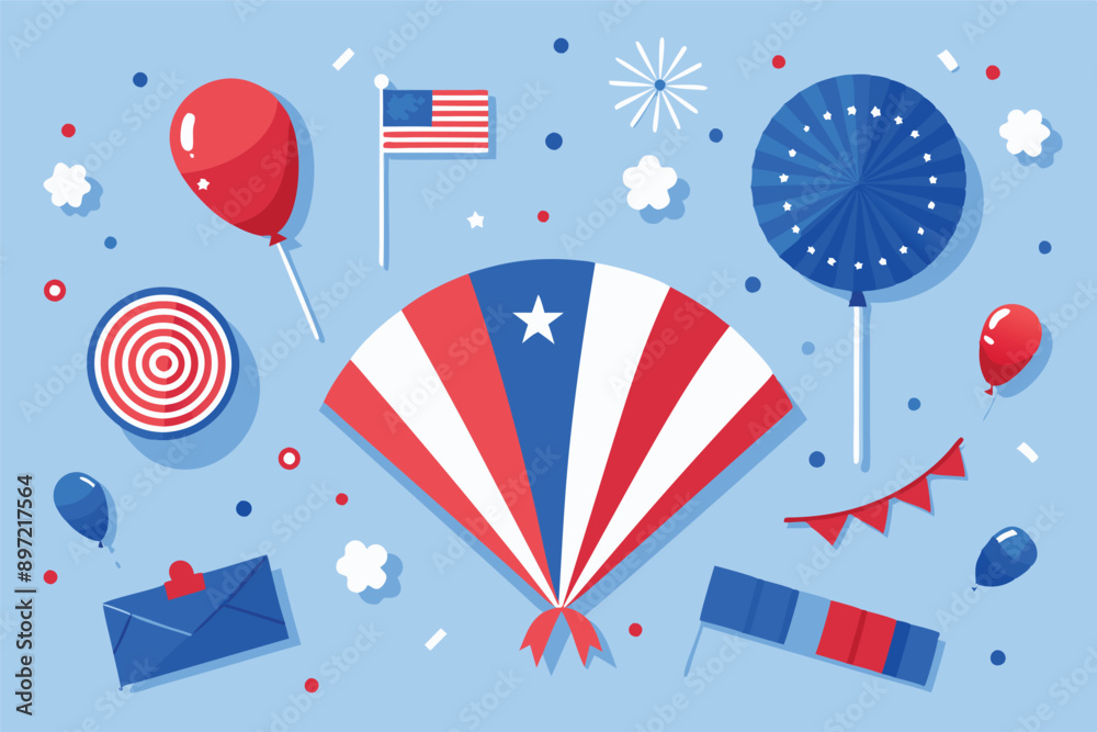 Fototapeta premium Independence Day poster, banner, foil balloon flyer, paper fan, and confetti for July 4. American flag colors. Minimalism flat lay design.
