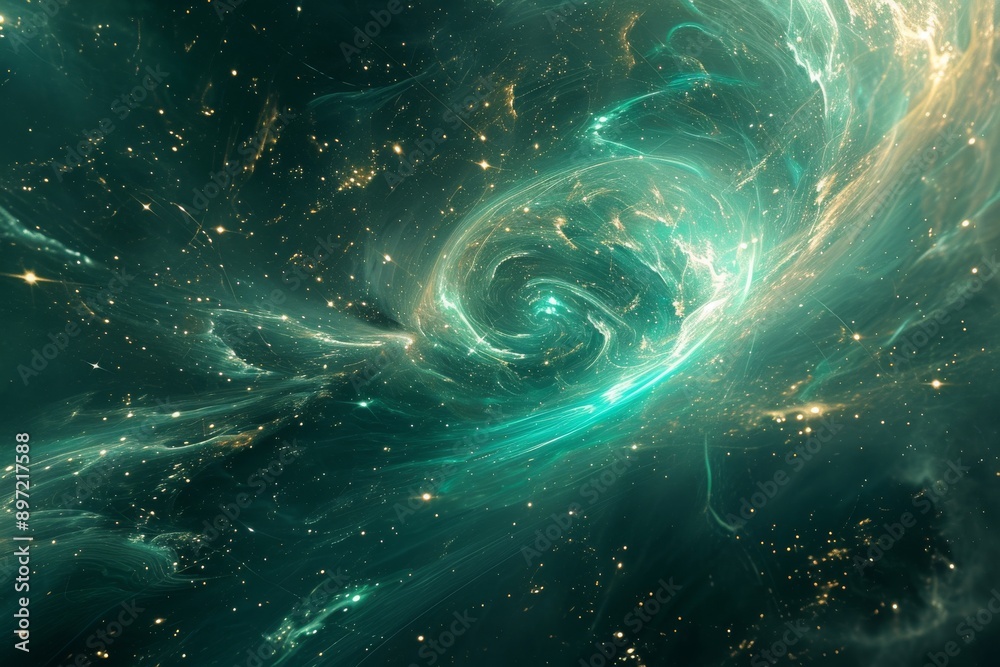 A swirling formation in vibrant shades of green and black is captured amidst the vast expanse of space, Futuristic abstract interpretation of space travel, AI Generated A swirling formation in vibrant shades of green and black is captured amidst the vast expanse of space, Futuristic abstract interpretation of space travel, AI Generated