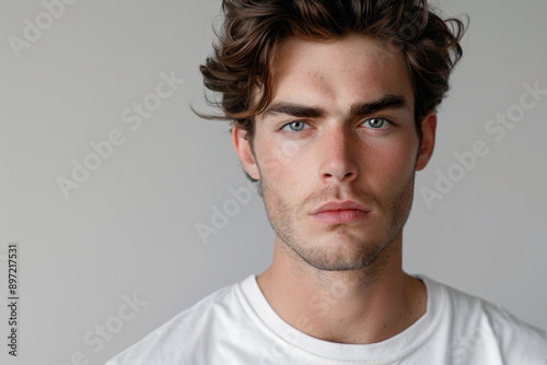 A young man with wavy brown hair and light stubble, wearing a white t-shirt, looking at the camera with a serious expression, gray background