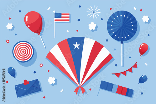 Independence Day poster, banner, foil balloon flyer, paper fan, and confetti for July 4. American flag colors. Minimalism flat lay design.