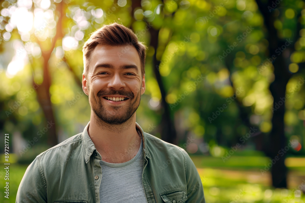 A young man with brown hair and beard, wearing a light green shirt, standing outdoors and smiling, green blurred background A young man with brown hair and beard, wearing a light green shirt, standing outdoors and smiling, green blurred background