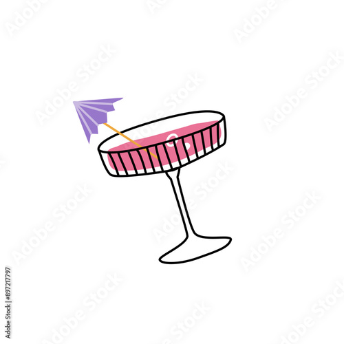 Coupe glass with cocktail and umbrella. Flat cute vector clipart isolated on white background