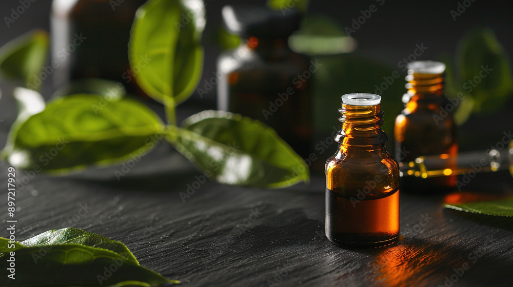 close-up shot of tea tree leaves and essential oil close-up shot of tea tree leaves and essential oil