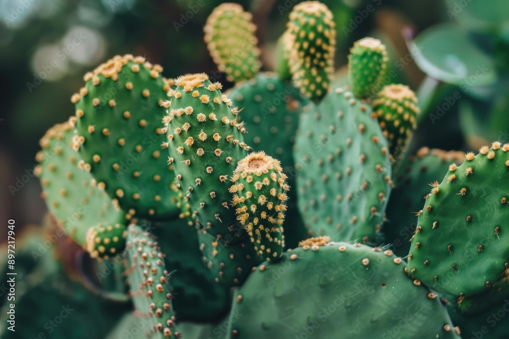 Close up of a green prickly pear cactus growing in nature with yellow flower buds Close up of a green prickly pear cactus growing in nature with yellow flower buds
