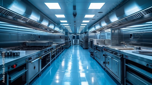Modern Commercial Kitchen With Stainless Steel Appliances and Blue Floor
