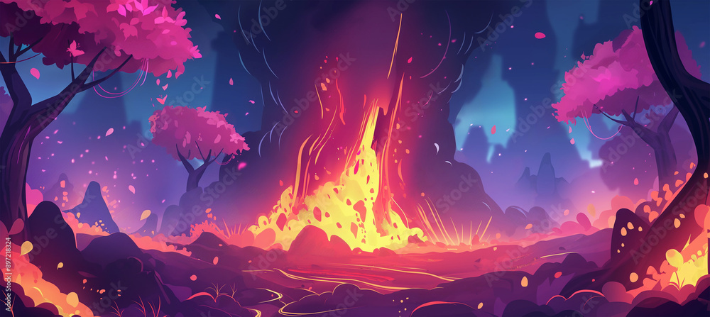 Obraz premium The Volcano lava burst cartoon hell exploding with tree and pink flower, game baclground, Illustration
