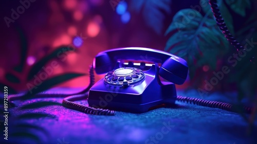 Vintage Rotary Phone in a Neon Jungle