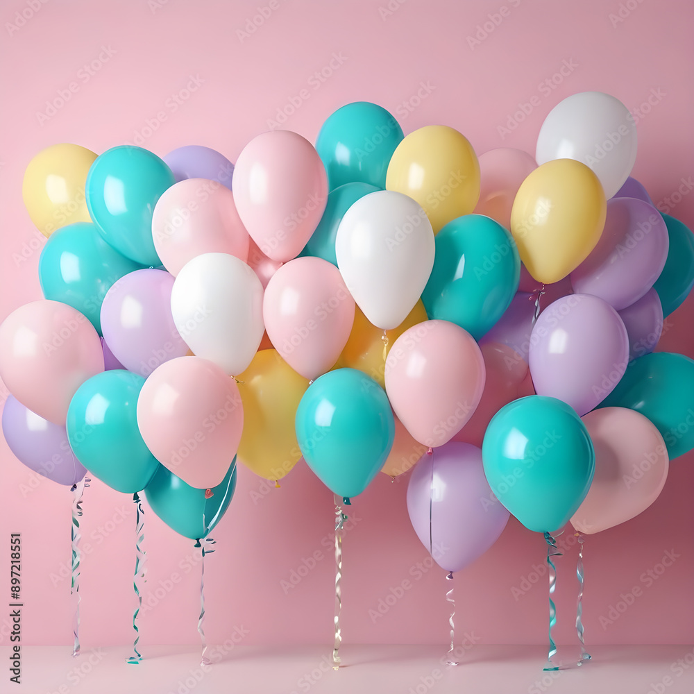 Colorful balloons on pastel pink background Colorful balloons on pastel pink background