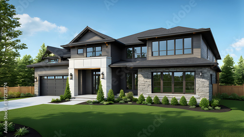  modern cozy house in chalet style with garage and pool for sale or rent with beautiful landscaping on background. Clear sunny summer day with blue sky.