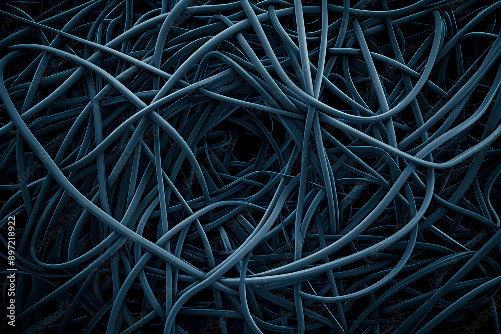 Intertwined blue cables form a complex and abstract pattern against a dark background, evoking a sense of connectivity and intricate design through the detailed weaving of lines. Intertwined blue cables form a complex and abstract pattern against a dark background, evoking a sense of connectivity and intricate design through the detailed weaving of lines.