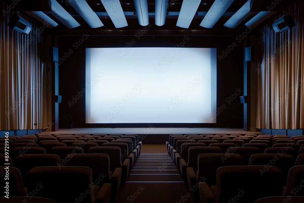 Fototapeta premium Empty cinema theater screen patiently awaiting the start of the movie