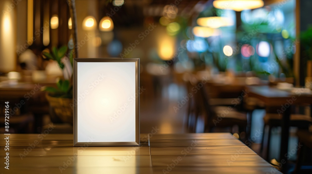 Shiny blank menu standing on wooden table in elegant restaurant with warm lighting Shiny blank menu standing on wooden table in elegant restaurant with warm lighting