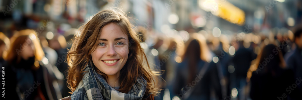 Young woman is smiling in a crowded street Young woman is smiling in a crowded street