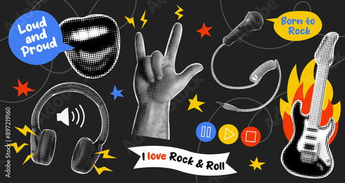 Trendy grunge set with collage elements and phrases on the theme of rock music in retro style. Electric guitar, microphone, hand, headphones and lips isolated on black background.