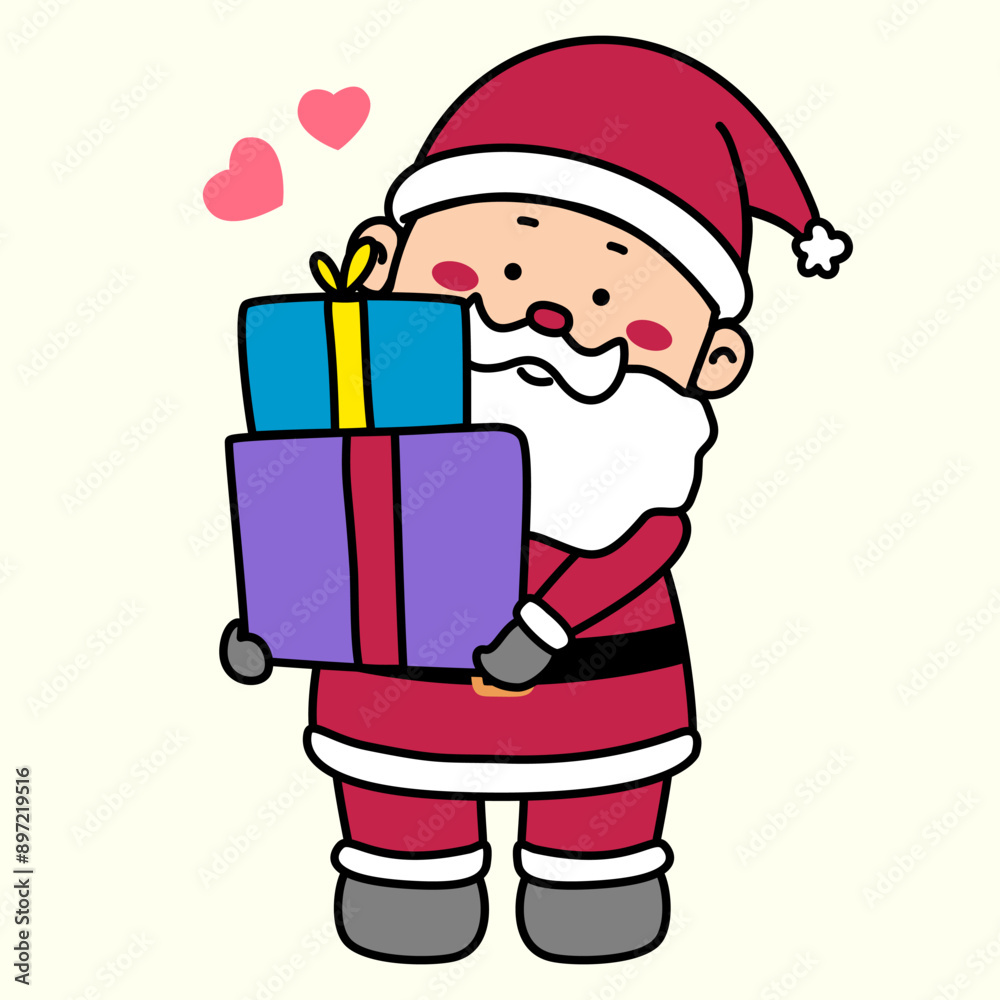 Christmas vector Illustration cartoon of santa claus holding the presents, isolated on light yellow background Christmas vector Illustration cartoon of santa claus holding the presents, isolated on light yellow background
