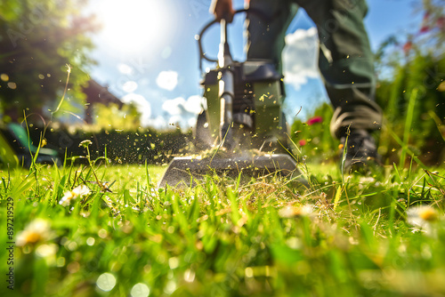 trimming grass outdoors in his backyard on a sunny summer