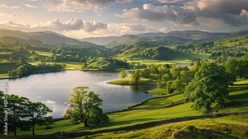 The serene beauty of the Lake District in England, with rolling hills and tranquil lakes.