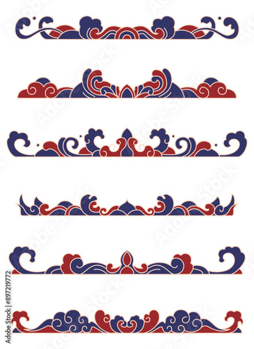 Waves and auspicious clouds decorative frame, dividing lines. Elegant design element. Ornate pattern vector set for invitations, posters, certificates, documents. Retro, swirl, boom. 
