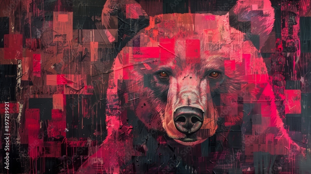 Obraz premium Abstract watercolor painting or sketch of a bear in pink and red