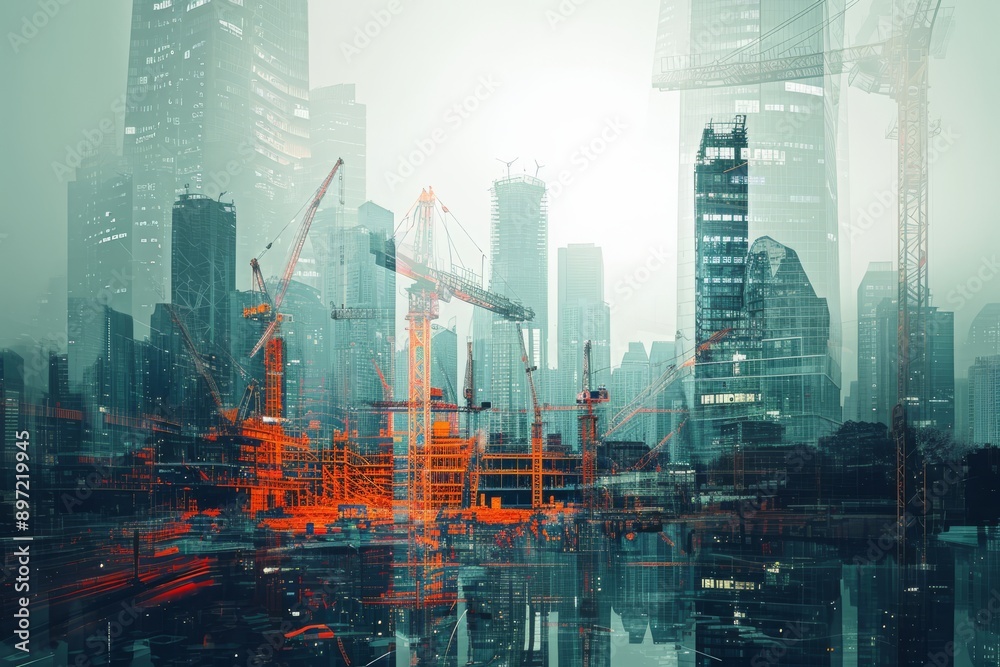A bustling city with a skyline dominated by numerous tall buildings and active construction cranes, Futuristic metropolis and construction site in double exposure, AI Generated A bustling city with a skyline dominated by numerous tall buildings and active construction cranes, Futuristic metropolis and construction site in double exposure, AI Generated